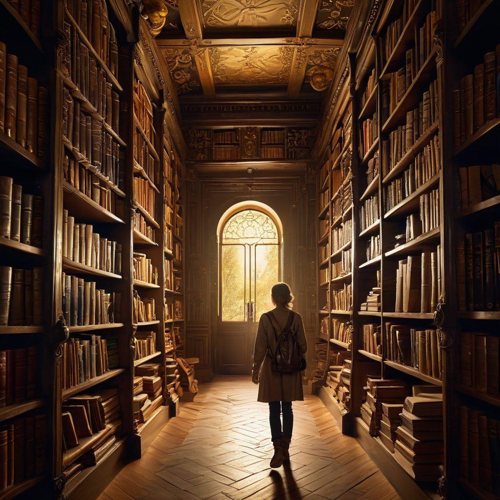 A curious traveler navigating through a vibrant labyrinth of books and knowledge symbols, with a guiding light symbolizing 'Conocereis de Verdad' illuminating the path to understanding. The backdrop should resemble an open field of discovery and growth. painting. vibrant colors.