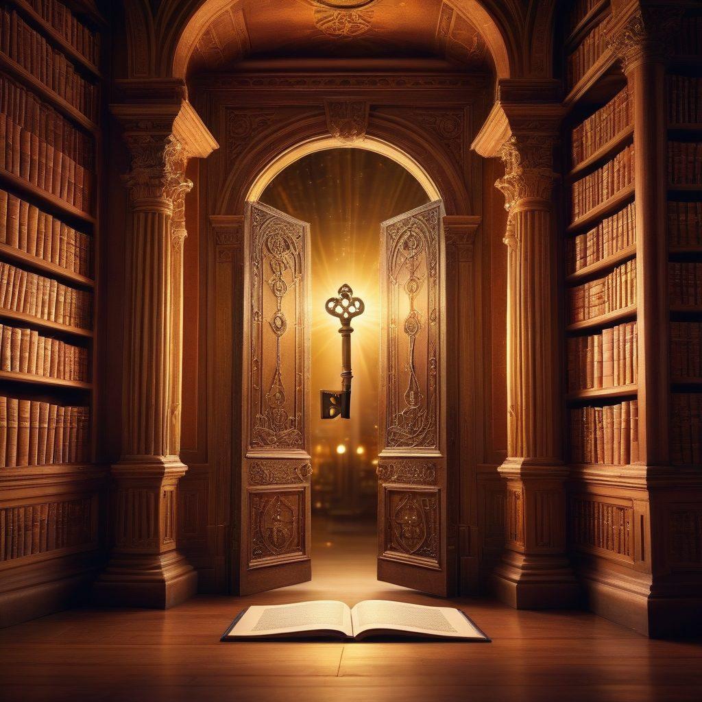 A majestic ancient library with glowing, floating books and scrolls; an ethereal light illuminates the scene, symbolizing the revelation of hidden knowledge. A wise, cloaked figure holding an ornate key, unlocking a grand, ancient door surrounded by shimmering symbols. magical realism, vibrant colors, super-realistic.