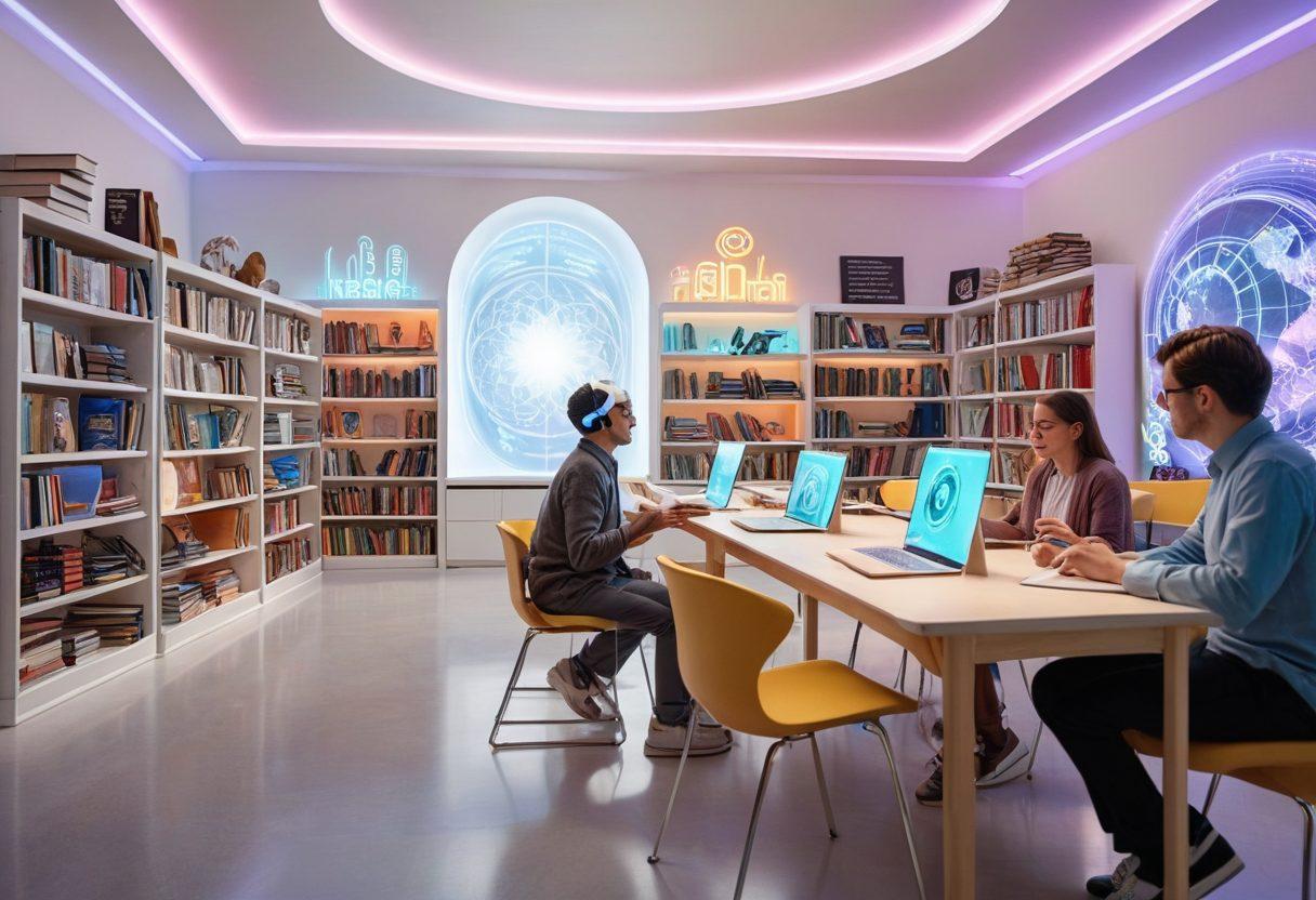 A serene classroom setting with diverse students eagerly engaged with futuristic digital devices, books, and VR headsets. The room is filled with shelves of books and glowing holographic educational models. A wise, inspiring teacher at the center, guiding students through an immersive learning journey, with a backdrop of intellectual icons like Einstein and Aristotle holograms. super-realistic. vibrant colors. white background.